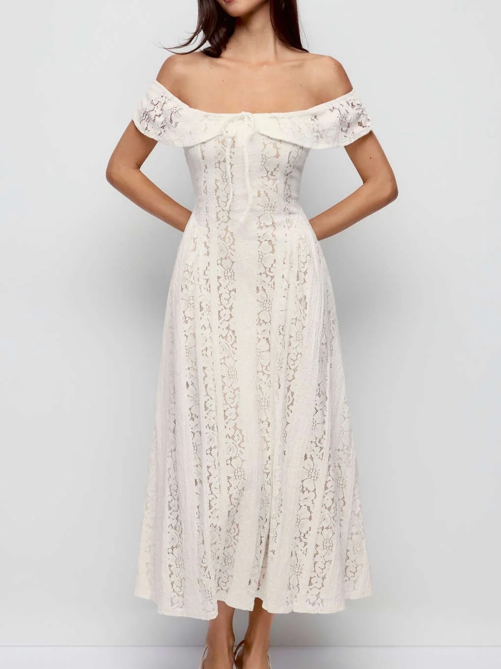 LACE SCULPTURAL OFF-SHOULDER KNOTTED FLARED MAXI DRESS